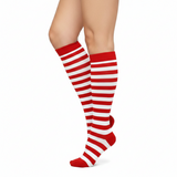 Chaussettes de compression à rayures rouge et blanc - vue de profil sur jambes de femme